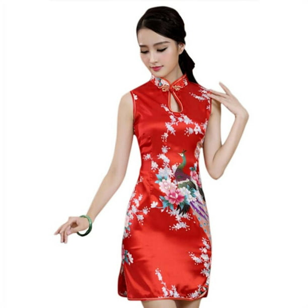 Chinese Mini Cheongsam Women Silk Satin Dress Plum Blossom Gown Size S to 2XL